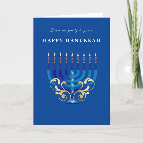 Happy Hanukkah Menorah blue gold Star of David Holiday Card