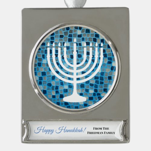 Happy Hanukkah Menorah Blue Mosaic Ornament