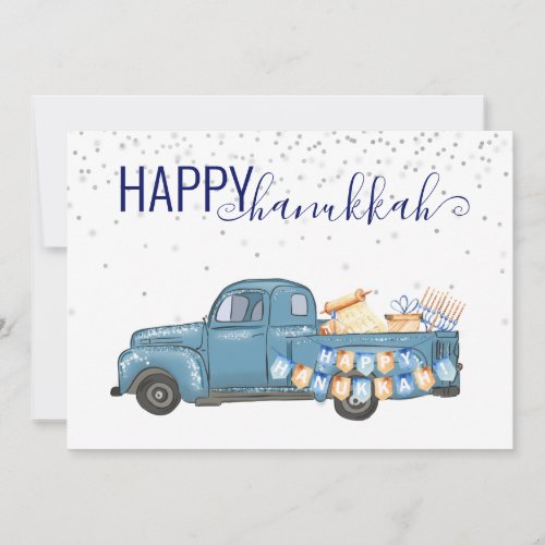 Happy Hanukkah Menorah Blue Vintage Truck Holiday Card