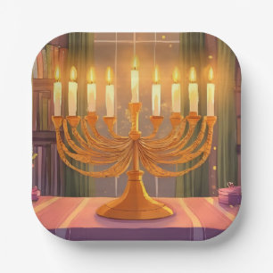Happy Hanukkah Menorah Candles Oil Painting Paper Plates