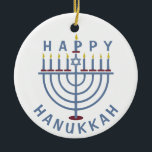 Happy Hanukkah Menorah Ceramic Ornament<br><div class="desc">These pretty double-sided ornaments have a menorah and the words "Happy Hanukkah." See the matching party invitations here: https://www.zazzle.com/hanukkah_party_funny_whole_latke_fun_invitation-256781977102628379</div>
