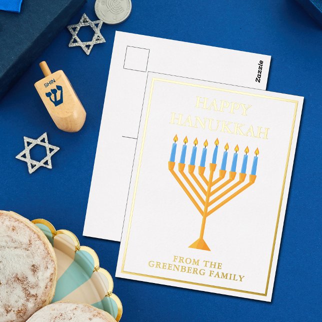 Happy Hanukkah Menorah Chic Personalized Gold Foil Holiday Postcard (Creator Uploaded)