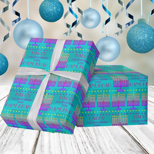 Happy Hanukkah Menorah Colorful Turquoise Pattern Wrapping Paper