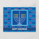 🕎 Happy Hanukkah, Menorah, customizable Postcard<br><div class="desc">Happy Hanukkah with Menorah on blue background. Fully customizable back.</div>