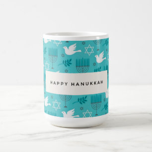 Happy Hanukkah Menorah Dove Turquoise Jewish Coffee Mug