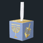 Happy Hanukkah-Menorah & Dradels in Faux Gold Cube Ornament<br><div class="desc">A simple blue "Happy Hanukkah" ornament with a faux gold menorahs and dradels,  soft Stars Of David in the background,  and with editable Family Name and Yule Date.</div>