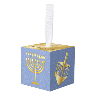 Happy Hanukkah-Menorah & Dradels in Faux Gold Cube Ornament