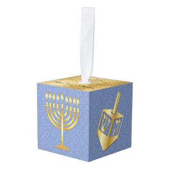 Happy Hanukkah-menorah & Dradels In Faux Gold Cube Ornament by LilithDeAnu at Zazzle