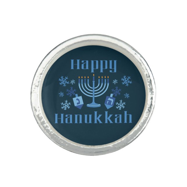 Happy Hanukkah Menorah Dreidel Festive Winter Ring (Front)