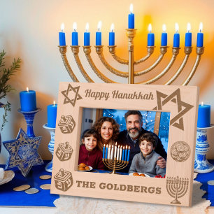 Happy Hanukkah Menorah, Dreidel, Gelt Custom Name Engraved Frames