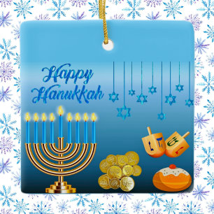Happy Hanukkah Menorah Dreidels Blue  Ceramic Ornament