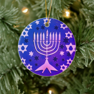 Happy Hanukkah Menorah Flat Ceramic Ornament