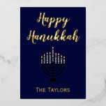 Happy Hanukkah Menorah  Foil Holiday Card<br><div class="desc">A lovely greeting card for Hanukkah, this design features "Happy Hanukkah" in lovely blue background. The center has a menorah with a place to insert your family's name at the bottom. The back continues with the beautiful blue background. There is a message of blessings included. Order yours today! Menorah: ButterStarDigital...</div>