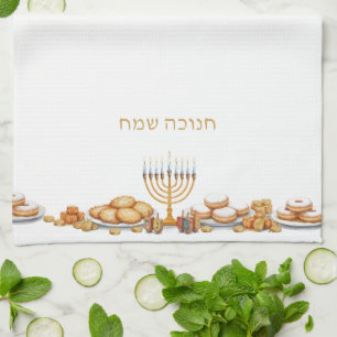 Happy Hanukkah Menorah Food Latkes & Donuts Kitchen Towel