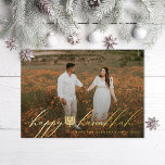 Happy Hanukkah Menorah Hanukkiah Photo Foil Holiday Card<br><div class="desc">Happy Hanukkah in flowy letters with hanukkiah in the center printed in foil over full bleed photo; also available in flat printing</div>