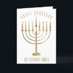 Happy Hanukkah Menorah Holiday Card<br><div class="desc">Send your loved ones a personalized card this Hanukkah season. This design features a gold colored menorah. Above it the message reads "Happy Hanukkah". Below the menorah is a place for your family name which you may personalize or remove if you'd like. Inside of the card reads "Wishing you peace,...</div>