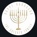 Happy Hanukkah Menorah Holiday Classic Round Sticker<br><div class="desc">This sticker features a gold colored menorah. The message above it reads "Happy Hanukkah". Below the menorah is a place for your family name which you may personalize or remove if you'd like.</div>