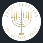 Happy Hanukkah Menorah Holiday Classic Round Sticker<br><div class="desc">This sticker features a gold colored menorah. The message above it reads "Happy Hanukkah". Below the menorah is a place for your family name which you may personalize or remove if you'd like.</div>