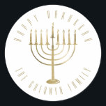 Happy Hanukkah Menorah Holiday Classic Round Sticker<br><div class="desc">This sticker features a gold colored menorah. The message above it reads "Happy Hanukkah". Below the menorah is a place for your family name which you may personalize or remove if you'd like.</div>