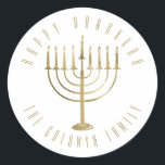 Happy Hanukkah Menorah Holiday Classic Round Sticker<br><div class="desc">This sticker features a gold colored menorah. The message above it reads "Happy Hanukkah". Below the menorah is a place for your family name which you may personalize or remove if you'd like.</div>
