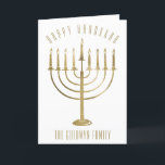 Happy Hanukkah Menorah Inside Photo Holiday Card<br><div class="desc">Send your loved ones a personalized photo card this Hanukkah season. This design features a gold menorah on the front and the message reads "Happy Hanukkah". Below the menorah is a place for your family name which you may personalize or remove if you'd like. Inside of the card has a...</div>
