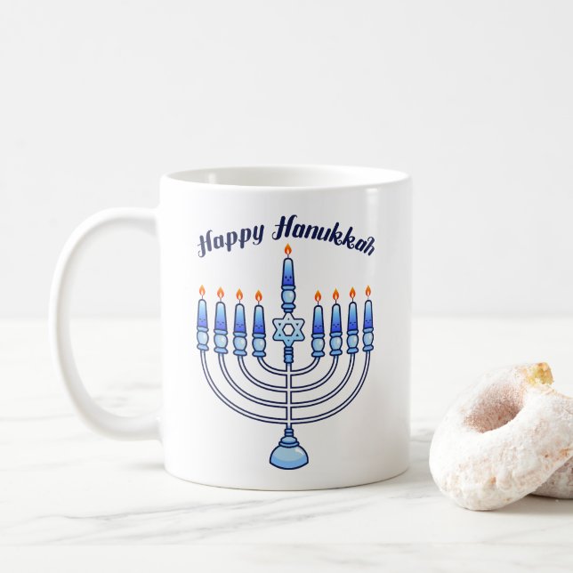 Happy Hanukkah Menorah Jewish Jew Cute Candles Coffee Mug (With Donut)