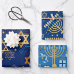 Happy Hanukkah Menorah Jewish Star Candles Wrapping Paper Sheets<br><div class="desc">Happy Hanukkah,  Menorah,  Jewish Star,  blue and yellow wrapping paper.</div>