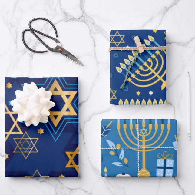 Happy Hanukkah Menorah Jewish Star Candles Wrapping Paper Sheets (Front)