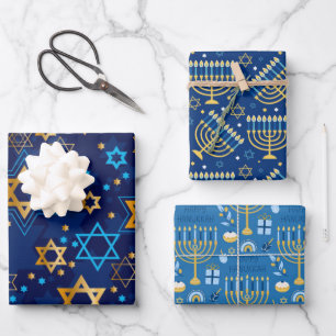 Happy Hanukkah Menorah Jewish Star Candles Wrapping Paper Sheets