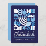 Happy Hanukkah Menorah Jewish Stars Dreidel  Holid Holiday Card<br><div class="desc">Hanukkah / Chanukah Blue White Modern Geometric Pattern Card with Faux Silver Foil. Menorah, Dreidel, Donuts, Stars & Olive oil... Jewish Hanukkah Symbols Space to add your personalized text on the front & reverse. Happy Hanukkah wishes. Hebrew on the front says "Chanukah". This upscale, beautiful, look, is a great way...</div>