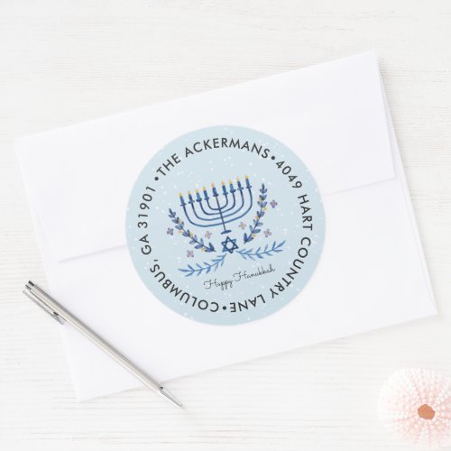 Happy Hanukkah  Menorah Lights Return Address Classic Round Sticker