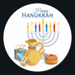 Happy Hanukkah Menorah Oil Pitcher Sufganiyot Classic Round Sticker<br><div class="desc">Add a festive and traditional touch to all your holiday gifts and correspondence with this vibrant Hanukkah round sticker. The beautiful illustration captures the essence of the Festival of Lights with a prominent Menorah with bright candles, the miraculous oil pitcher, a fun dreidel, and a sweet Sufganiyah (jelly donut). The...</div>