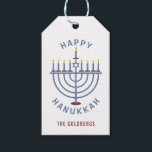 Happy Hanukkah Menorah Party Custom Gift Tags<br><div class="desc">These pretty gift tags have a menorah and the words "Happy Hanukkah" with a Star of David pattern on the back. Use the template to personalize. See the matching party invitations here: https://www.zazzle.com/hanukkah_party_funny_whole_latke_fun_invitation-256781977102628379</div>