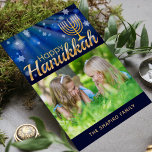 Happy Hanukkah Menorah Personalized Photo<br><div class="desc">This modern holidays design features your favorite photo with the text "Happy Hanukkah" with your family name and date in gold typography on a blue background accente with stars. Personalize by editing the text in the text box and adding your own photo. #hanukkah #chanukah #holidays #seasonal #festive #modern #photo #photograph...</div>