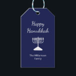 Happy Hanukkah Menorah Simple Blue  Gift Tags<br><div class="desc">Happy Hanukkah Blue Holiday gift tag,  with a simple white menorah and script typography design. With white customizable lettering,  you can add your own information. A festive way to send special gifts this holiday season.</div>