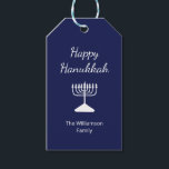 Happy Hanukkah Menorah Simple Blue  Gift Tags<br><div class="desc">Happy Hanukkah Blue Holiday gift tag,  with a simple white menorah and script typography design. With white customizable lettering,  you can add your own information. A festive way to send special gifts this holiday season.</div>