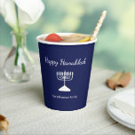 Happy Hanukkah Menorah Simple Blue  Paper Cups<br><div class="desc">Happy Hanukkah Blue Holiday paper cup,  with a simple white menorah and script typography design. With white customizable lettering,  you can add your own information. A festive way to celebrate with friends and loved ones.</div>