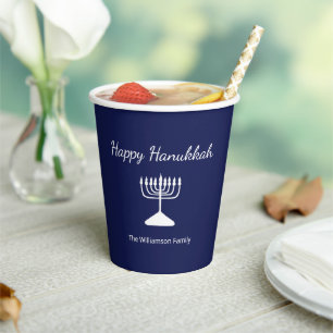 Happy Hanukkah Menorah Simple Blue  Paper Cups