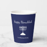 Happy Hanukkah Menorah Simple Blue  Paper Cups<br><div class="desc">Happy Hanukkah Blue Holiday paper cup,  with a simple white menorah and script typography design. With white customizable lettering,  you can add your own information. A festive way to celebrate with friends and loved ones.</div>
