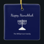 Happy Hanukkah Menorah Simple Blue White  Ceramic Ornament<br><div class="desc">Happy Hanukkah Blue Holiday ornament,  with a simple white menorah and script typography design. With white customizable lettering,  you can add your own information. A festive addition to your holiday decor.</div>