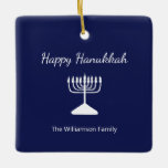 Happy Hanukkah Menorah Simple Blue White  Ceramic Ornament<br><div class="desc">Happy Hanukkah Blue Holiday ornament,  with a simple white menorah and script typography design. With white customizable lettering,  you can add your own information. A festive addition to your holiday decor.</div>