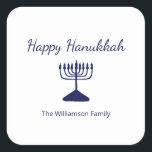 Happy Hanukkah Menorah Simple  Square Sticker<br><div class="desc">Happy Hanukkah Blue Holiday sticker,  with a simple blue menorah and script typography design. With blue customizable lettering,  you can add your own information. A festive way to celebrate with friends and loved ones.</div>