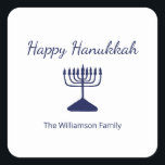 Happy Hanukkah Menorah Simple  Square Sticker<br><div class="desc">Happy Hanukkah Blue Holiday sticker,  with a simple blue menorah and script typography design. With blue customizable lettering,  you can add your own information. A festive way to celebrate with friends and loved ones.</div>