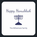 Happy Hanukkah Menorah Simple  Square Sticker<br><div class="desc">Happy Hanukkah Blue Holiday sticker,  with a simple blue menorah and script typography design. With blue customizable lettering,  you can add your own information. A festive way to celebrate with friends and loved ones.</div>