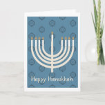 Happy Hanukkah Menorah/Star of David pattern 2 Holiday Card<br><div class="desc">A blue and black Star of David   lotus pattern with a light gold menorah with golden lights.</div>