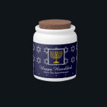 HAPPY HANUKKAH Menorah Star of David Personalized Candy Jar<br><div class="desc">A stylish candy jar that can be filled with gold gelt coins, a dreidel, etc for Hanukkah. This design has a subtle pattern of the Star of David in faux silver against a dark blue background. A gold colored menorah is inside a square box in the centre. There is customizable...</div>