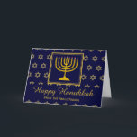 HAPPY HANUKKAH Menorah Star of David Personalized Holiday Card<br><div class="desc">Personalized HAPPY HANUKKAH Card. Stylish greeting card to celebrate HANUKKAH with menorah and Star of David. Dark blue background with faux gold Star of David and typography. Placeholder text on cover and inside greeting are customizable, so you can add your name and change the message. Choose from a wide selection...</div>