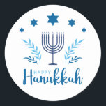 Happy Hanukkah Menorah Stars Classic Round Sticker<br><div class="desc">Happy Hanukkah stickers are great to use on stationery and gifts.  These Happy Hanukkah stickers feature a 7-branch menorah,  chanukkiah,  with blue stars,  olive branches and other elements in light and dark blue.</div>