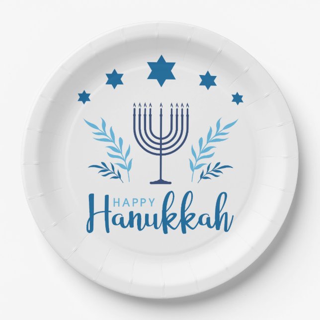 Happy Hanukkah Menorah Stars Paper Plates (Front)