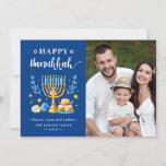 Happy Hanukkah Menorah Sufganiyah Dreidel Photo Holiday Card<br><div class="desc">Send your Wishes with this Holiday Photo card that feature a Stunning Hanukkah Script and Jewish Holiday Symbols to highlight your greeting message.</div>